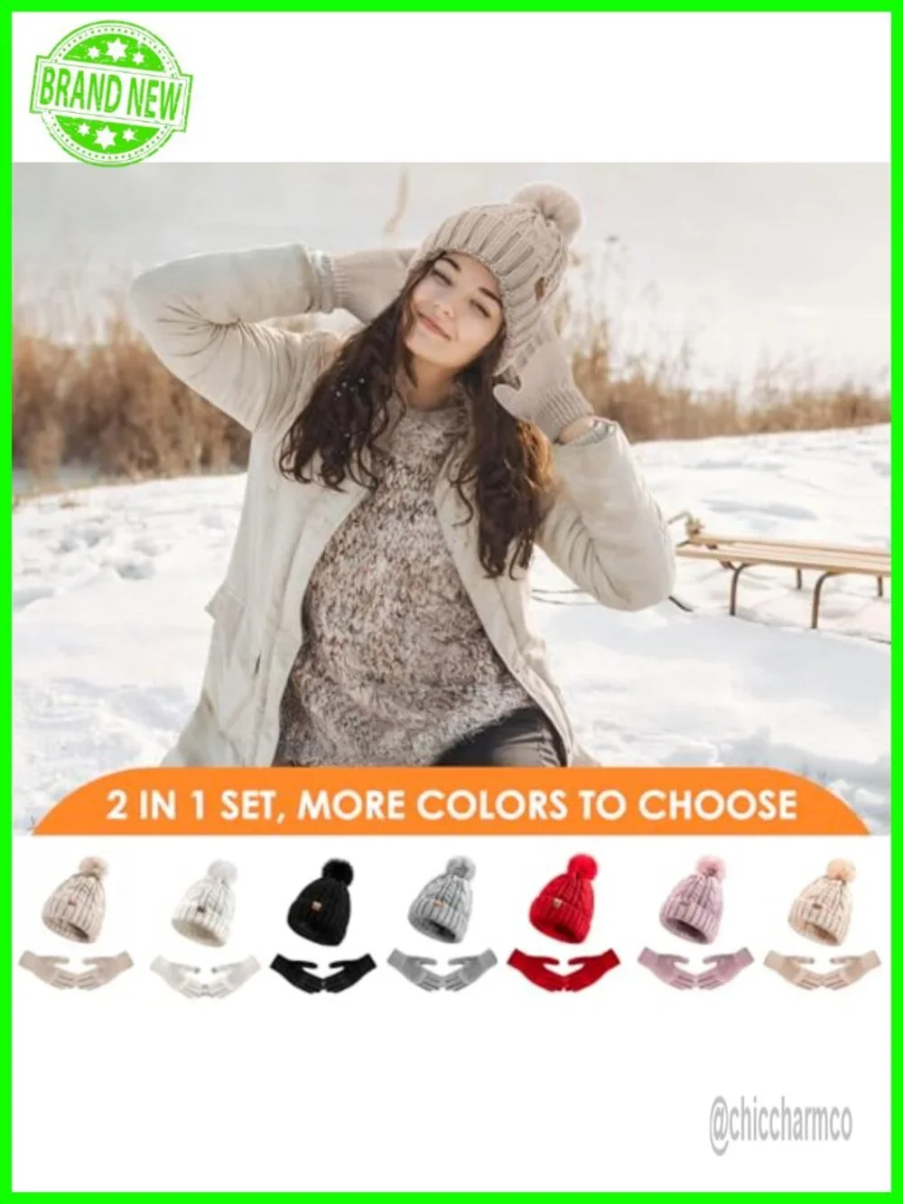 Wool Blend Knit Hat and Touchscreen Gloves Set with Pom Pom